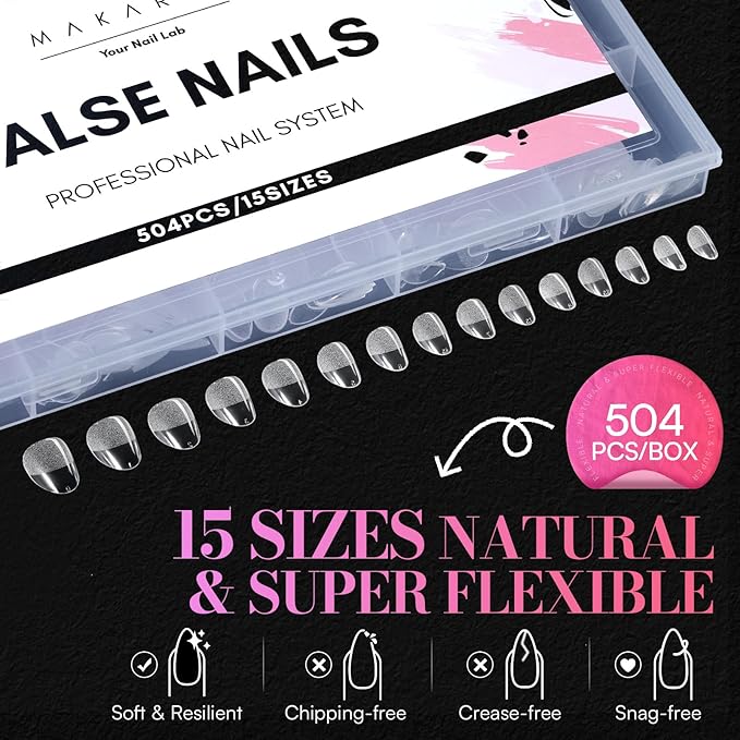 Makartt Extra Short Almond Nail Tips: 504PCS, 15 Sizes, Half Matte, Clear Artificial Fake Nails Almond Shapes - Full Cover Soft Acrylic Press On Nail Extensions Supplies Salon and DIY at Home