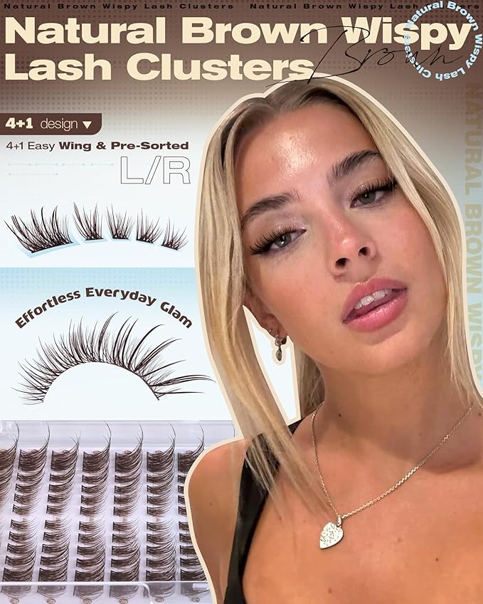 ALICROWN Brown Lash Clusters Natural Eyelash Extensions Cat Eye Eyelash Clusters Left & Right Wispy Lash Extensions Fox Eye Cluster Lashes C Curly DIY Individual Lashes Fairy Eyelashes
