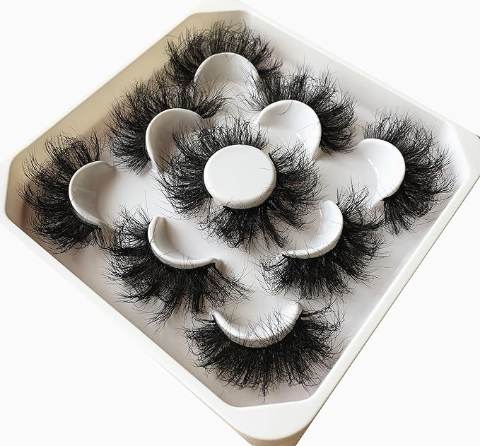 Pooplunch False Eyelashes 25MM Volume Dramatic Faux Mink Lashes 5 Pairs Long Thick Messy Crossed Fake Eye Lashes Strips Pack