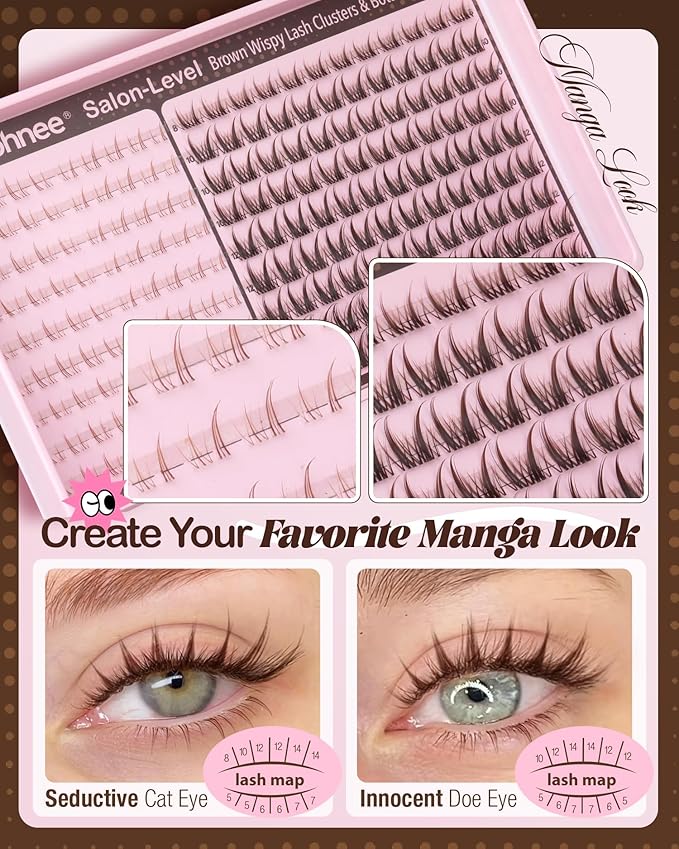 Brown Wispy Lash Clusters Kit with Bottom Lashes Manga Cluster Eyelash Extensions Kit Natural Anime Eyelash Clusters Spiky Fairy Individuals Lash Bond and Seal Clear (5-14MM, CC Curve)