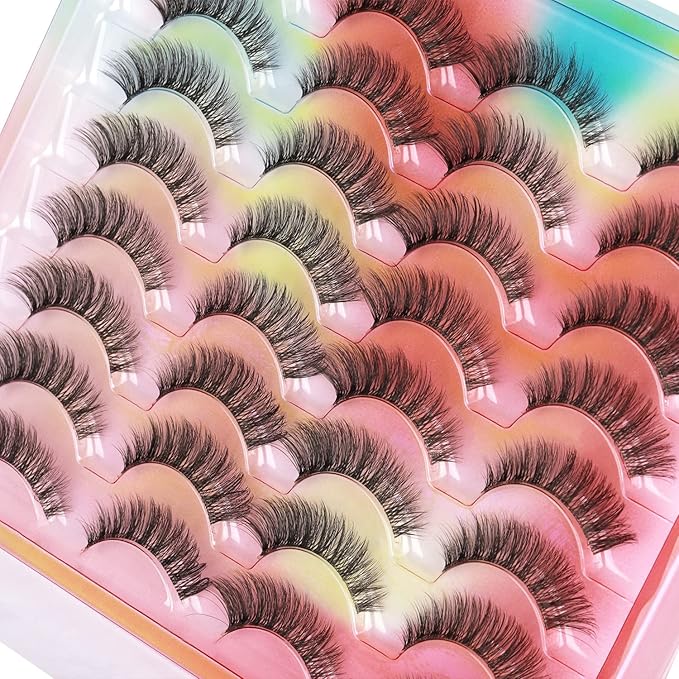 False Eyelashes Natural Look Clear Band Mink Lashes 5D Cat Eye Lashes Wispy Faux Mink Strip Lashes Pack by Kiromiro