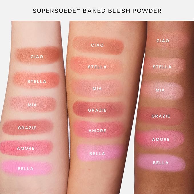 Saie SuperSuede Baked Blush - Talc-Free Powder Blush for Cheeks Infused with Hyaluronic Acid, Glycerin + Squalane - Hydrating Face Makeup for a Natural, Diffused Flush of Color - Amore (0.1 Ounce)