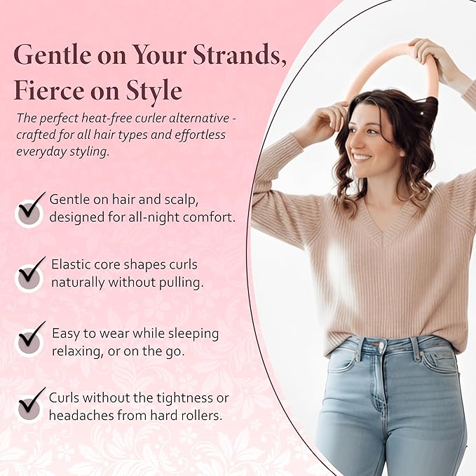 Heatless Curlers, No Heat Curls Overnight, Pink Satin Flexi Rod with 6pcs Heatless Curling Set, 2 Scrunchies, 2 Hair Ties, Carry Pouch, Clip for Overnight Hair Curlers, All Type Hairs