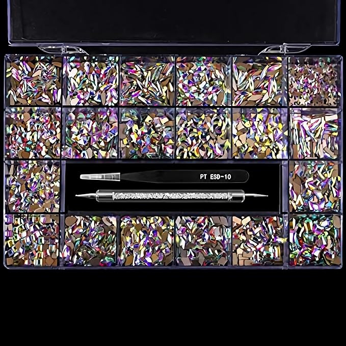 Yzzseven 20 Types of 2000 Crystal AB Diamonds Mix Flatback DIY Crafts Rhinestone Crystals 3D Decorations Flat Back Stones Set +Tweezers + Drill Pen