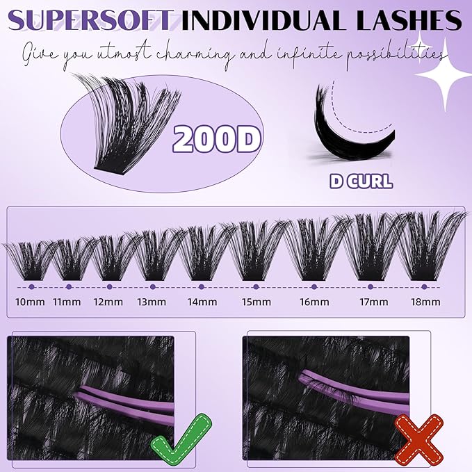 B&Q Fluffy 200DLash Clusters Thick Volume Eyelash Clusters 10-18mm, D Curl Cluster Eyelash Extensions, Supersoft Individual Lashes Wispy Cluster Lashes Dramatic Full Look Eyelash（200D）