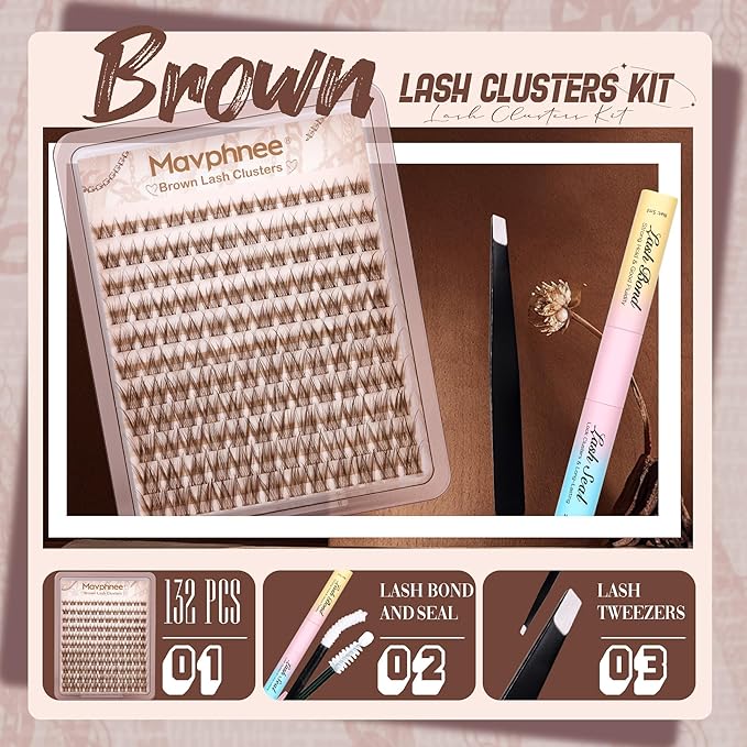 Wispy Cluster Eyelash Extensions Kit Brown Lash Clusters Kit Natural Fluffy Individual Lashes Clear Band Cluster Lashes Pack Dark Brown DIY Lash Extensions Lash Bond and Seal Clear (132Pcs, 8-16MM)
