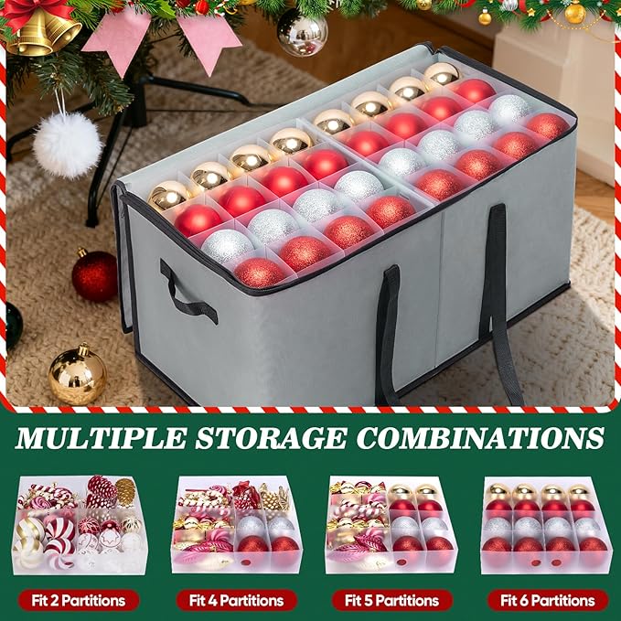 BALEINE Christmas Ornament Storage Box with Dividers, Premium Holiday Ornaments Storage Container Bin for Xmas Decorations (128 Ball, Black, Soft)