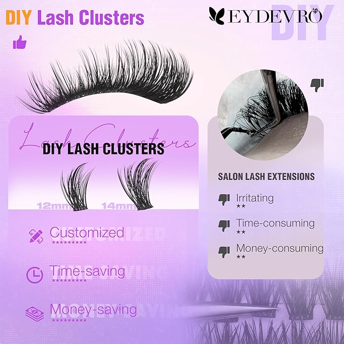 EYDEVRO Wispy Lash Clusters Natural Eyelash Clusters 12-14mm Cluster Eyelash Extensions CD Curl 192 Pcs Manga Cluster Lashes Short Individual Lashes DIY Lash Extensions Soft Thin Band