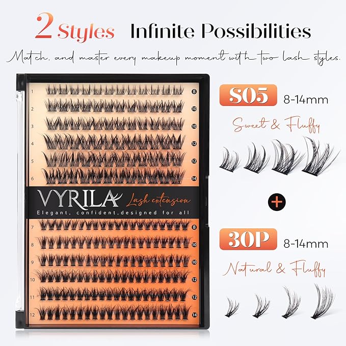 Lash Clusters-VYRILA 0.07mm Wispy Eyelashes C Curl Eyelash Clusters 8-14mix Individual Lashes Extension DIY at Home (30P+S05 192pcs-8-14mix)