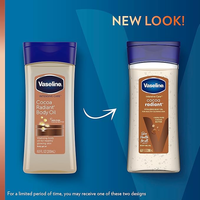 Vaseline Intensive Care Cocoa Radiant Pack of 3 for Glowing Skin Body Gel Oil Made with Pure Cocoa Butter + Replenishing Oils 6.8 oz
