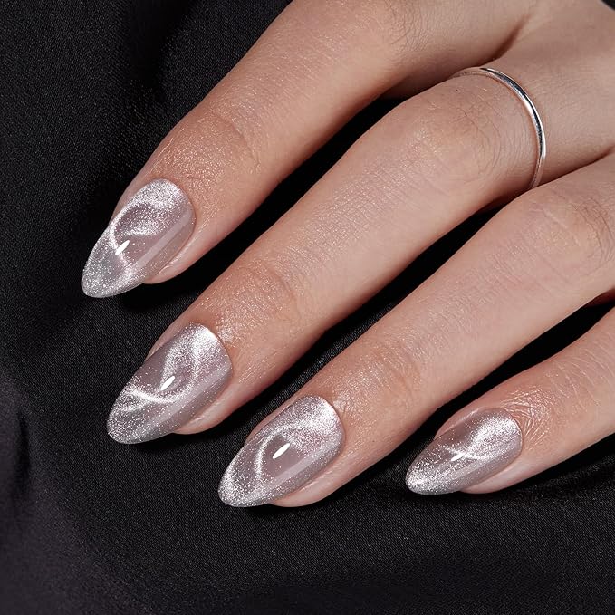VSALON Press On Nails Short Almond, 32 Pcs 16 Sizes Cat Eye Press On Nails Silver Shimmer Ribbon Sparkly Fake Nails With UV Glue Reusable Stick On Nails Semi-transparent Valentines Gifts For Women
