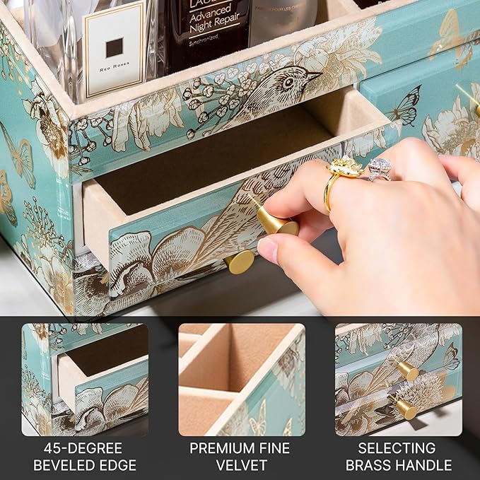 Glass Makeup Organizer for Vanity - Vanity Case with Drawers & Velvet Lining, Countertop Organizer for Lipstick, Brushes, Skincare, Perfume - Christmas Gifts for Women