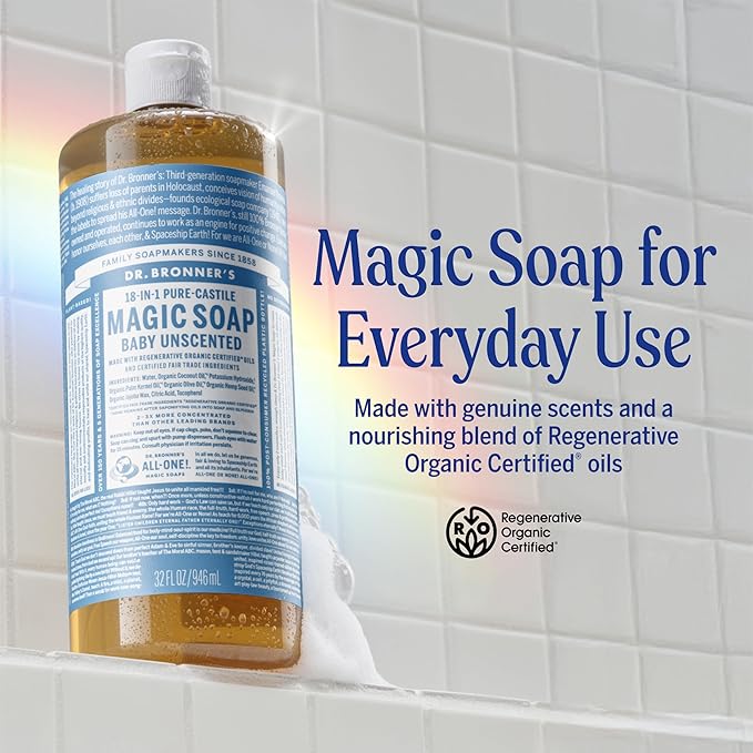 Dr. Bronner's Magic Soap-Pure-Castile Liquid Soap (Baby Unscented, 32 ounce, 2-Pack)-Regenerative Organic Certified Oils, 18-in-1 Uses: Body, Laundry & Dishes, For Sensitive Skin, No Fragrance