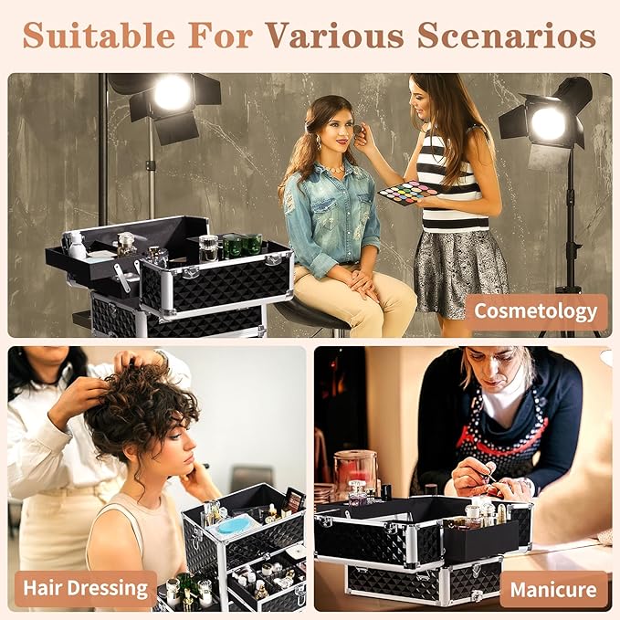 Karl home Rolling Makeup Case with Wheels & 2 Drawers, 3 in 1 Large Capacity Trolley Makeup Travel Case, Professional Cosmetology Lockable Travel Cosmetic Storage Train Cases, Black