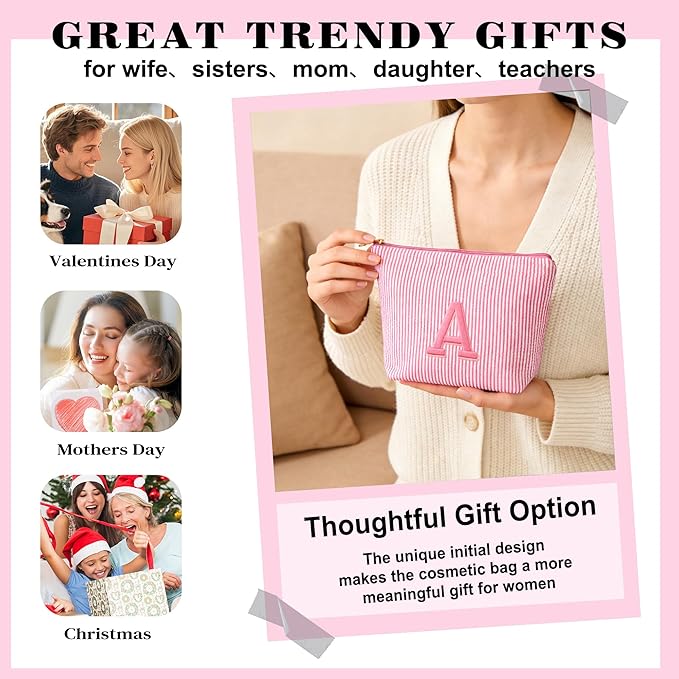 Birthday Gifts for Women - Custom Initial Makeup Bag Set, Portable Makeup Pouch Cosmetic Bag with Zipper, Travel Essentials Toiletry Bag Travel Gifts for Women, Pink B