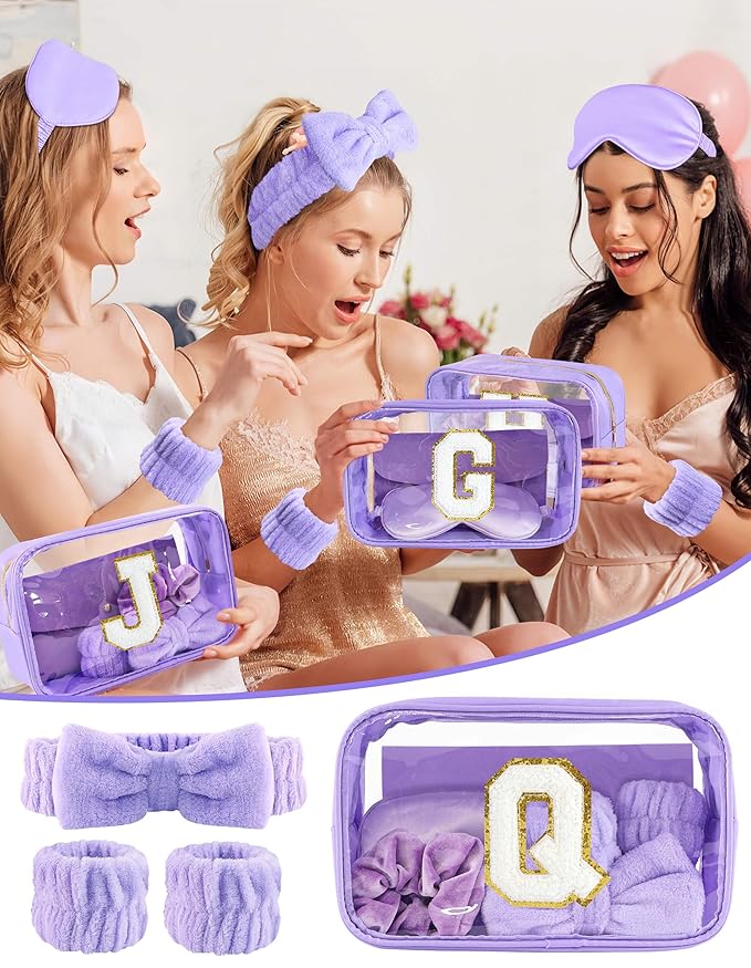 Gift Sets for Women, Initial Makeup Bag with Makeup Brush Set Bachelorette Party Favors, Purple Spa Kit with Skincare Headbands Wrist Bands Sleepover Party Supplies Gifts for Teen Girls Bridesmaid Q