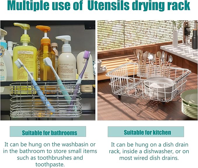 304 Stainless Steel Utensil Holder, Dish Drying Rack, kitchen Utensil Organizer, Knife and Fork Drainage Rack, Kitchen Drainage Basket Accessories, With Hooks, Rust Proof, Color-Silver