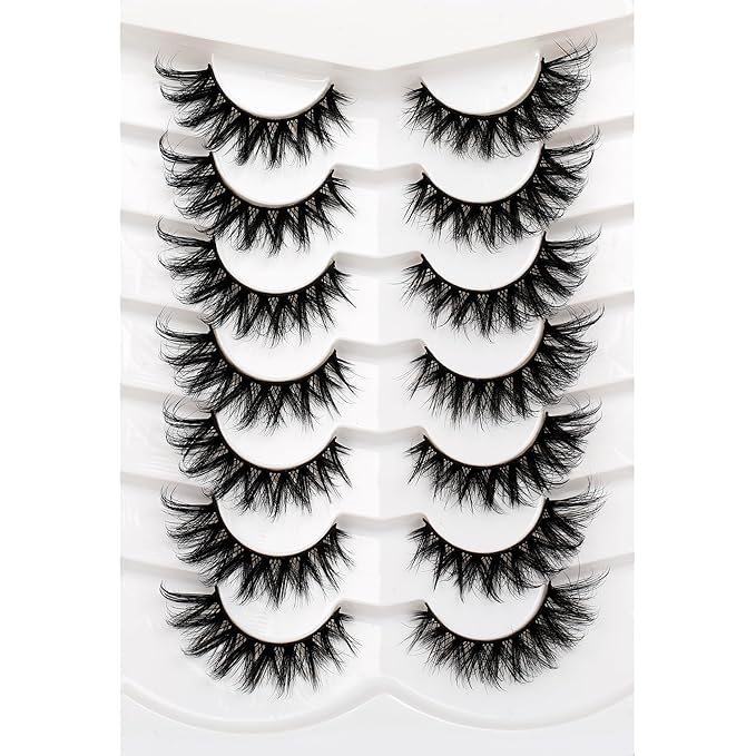 Pooplunch False Eyelashes Cat Eye Look 8D Crossed Wispy Natural Volume Faux Mink Lashes Fake Eyelashes Strips 7 Pairs Pack