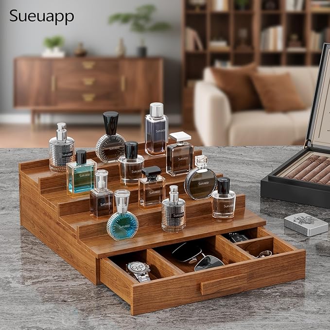 Cologne Organizer for Men,4 Tier Walnut Wood Cologne Stand,Cologne Shelf Display Holder with Hidden Storage and Drawer,Perfume Stand Organizer Great Gift for Men,Walnut