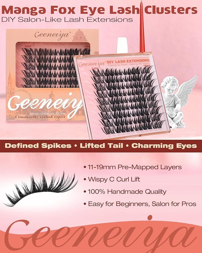 Geeneiya Manga Lash Clusters Wispy Cat Eye Lash Clusters 11–19mm Fox Eye Cluster Eyelash Extensions Left & Right DIY Lash Extension C Curl Eyelash Clusters Pre Mapped Cluster Lashes Wet Look