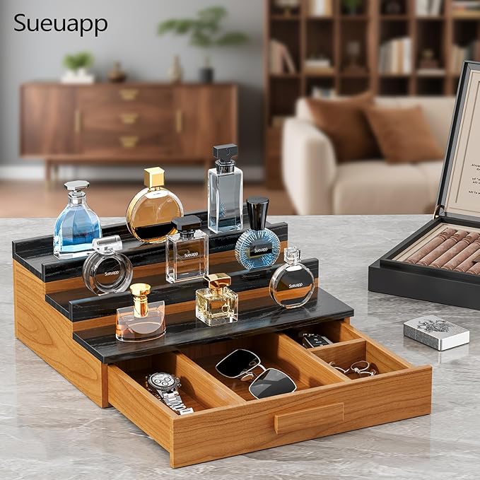 Solid Walnut Wood Cologne Organizer for Men,3 Tier Cologne Stand Display Shelf with Hidden Compartment and Drawer,Perfume Stand Organizer,Perfume Display Holder,Great Gift for Men Father