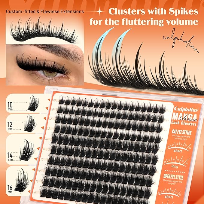 Calphdiar Manga Lash Clusters Wispy Eyelash Clusters Spiky Fluffy Volume Cluster Eyelash Extensions 10 12 14 16mm Weightless Cluster Lashes Long Lasting Individual Lashes DIY Cat Eye Open Eye Looks