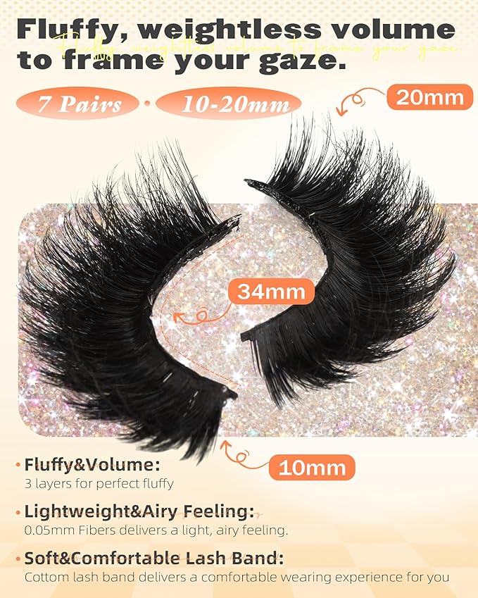 Boahankuke Mink Lashes 20MM Full False Eyelashes Thick Dramatic Cat Eyelashes 10D Big Wispy Fake Lashes D Curvature Volume Eye Lashes Long 7 Pairs Strip Lashes with Soft Cotton Band