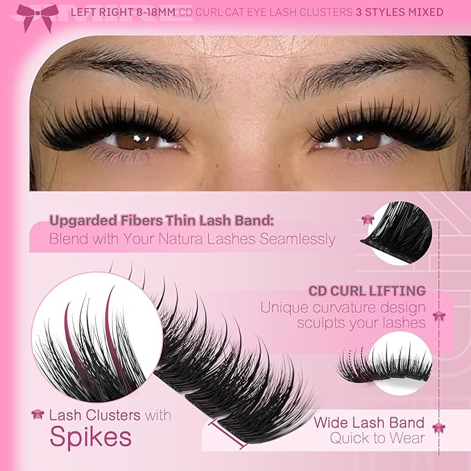 JIMIRE Wispy Lash Clusters with Spikes Cat Eye Cluster Eyelash Extensions 8-18MM C Curly Fuffy Eyelash Clusters 3 Styles Mixed Natural Spiky Cluster Lashes Easy to Apply DIY Lash Extension at Home