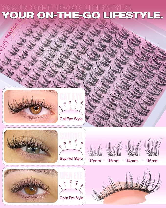 EYDEVRO Manga Lash Clusters Kit Natural Fairy Eyelash Clusters Kit Anime Cluster Eyelash Extensions Kit 10-16mm Spiky Wispy DIY Lash Extension Kit Waterproof Lash Bond and Seal Tweezers Brush