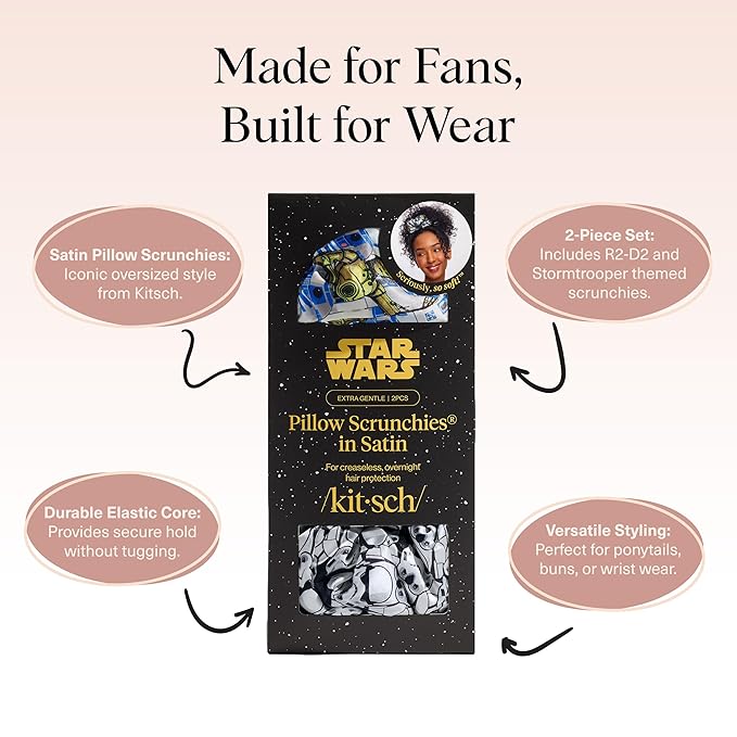 Kitsch x Star Wars R2-D2 & Stormtrooper Scrunchies for Women- Softer Than Silk Scrunchie, No Crease Hair Ties, Perfect For Day And Night Creaseless Hair Accessories | Ideal Gifts for Women - 2pcs