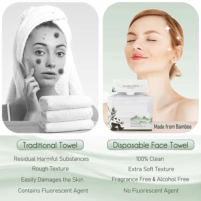 WOWOTEX Bamboo Viscose Disposable Face Towel Biodegradable Large Dry Face Wipes 240 Count Extra Thick Soft Clean Facial Towels for Sensitive Skin, Makeup Removing, Facial Cleansing