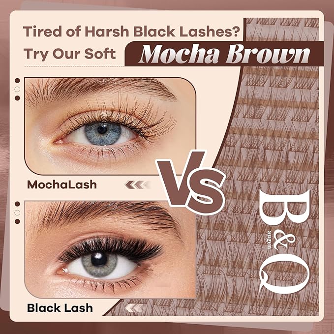 B&Q Brown Lash Clusters Kit Natural Mochalash Clusters 03, Wispy Eyelash Clusters Kit C-Curl Cluster Eyelash Extensions 8-16mm Brown Lash Eyelashes Kit for Fair/Dark Hair(Mochalash 03 Set)
