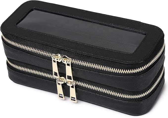 Pinkmik Double Layer Makeup Bag Makeup Brush Case Waterproof Travel Cosmetic & Toiletry Bag Purse Organizer and Car Essentials for Women (Black, Double SLIM)