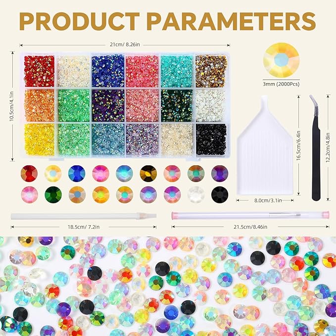 36000Pcs 3mm Resin Flatback Rhinestones Tumbler Non-hotfix Round Gems for Nails Crafts Clothes Shoes Decoration(3mm,Mixed Color)