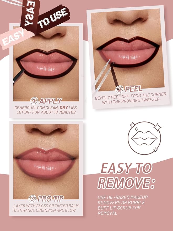 QCMME Lip Stain Peel Off Lip Liner Stain with Tweezer, Long Lasting Matte Lip Tint Tattoo, Highly Pigmented Color Lip Makeup, Waterproof Lipstick, Transfer-proof Lipstain for Women, Neutral Mauve