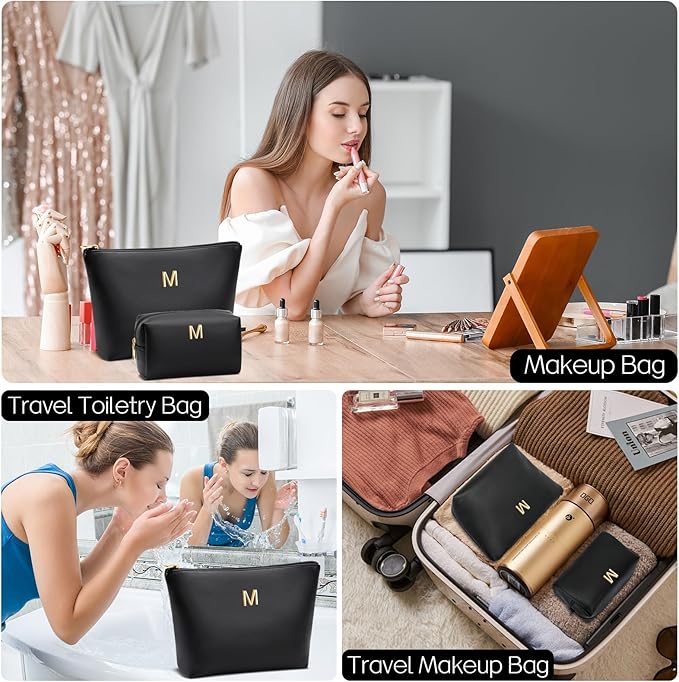 Women Gifts | Initial Makeup Bag Set for Girl Personalized Gifts for Bridesmaid Friend Graduation Teachers PU Leather Cosmetic Travel Toiletry Bag(Black,M)