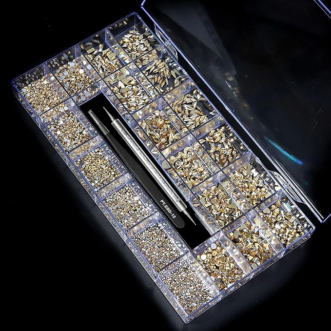 Yzzseven 12 Types of 600 Champagne Diamonds + 2500 Flat Rhinestones Mix 20 Styles Flatback DIY Crafts Rhinestone Crystals 3D Ornament‌s Flat Back Stones Set + Tweezers + Drill Pen