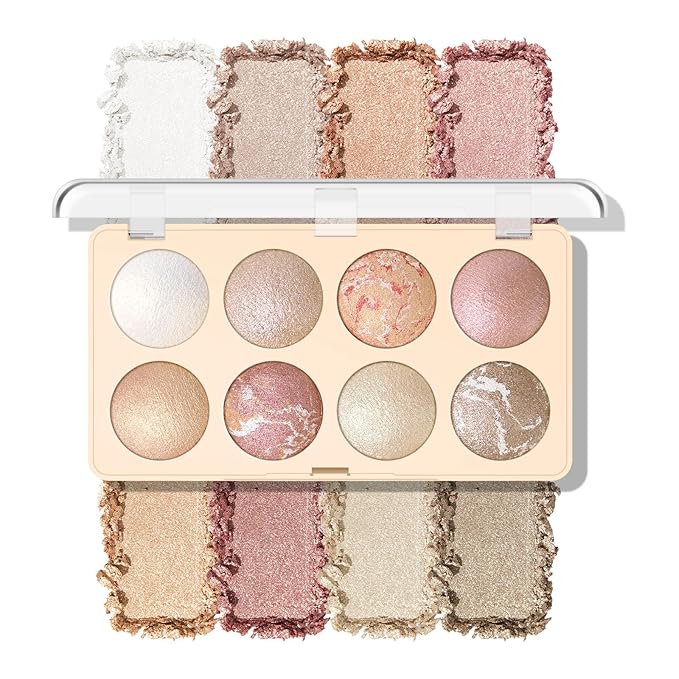KYDA 8 Colors Baked Powder Palette, Mulitiuse Baked Powder for Eyeshadow Highlighter Contour, Lightweight Blendable, Buildable Glossy Color, Golden Luster