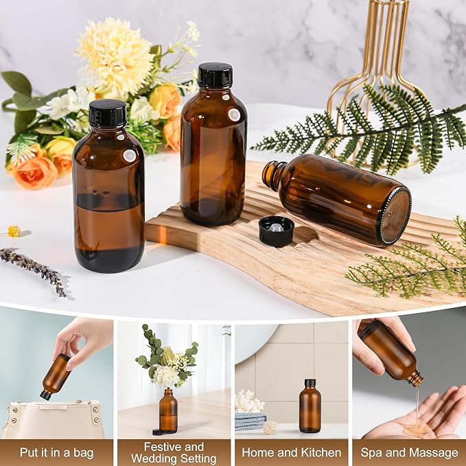 Exlvanto Small Glass Bottles with Lids Boston Round Shot Bottles for Health, Immunity, Ginger Juice, Essential Oils, Potion - Leak Proof Mini Travel Containers (Amber UV, 4oz-12Pack)