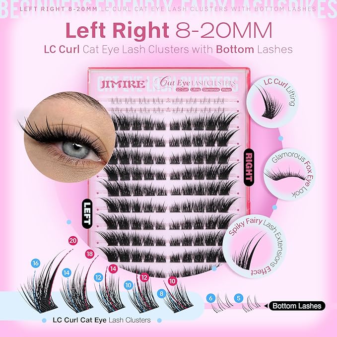 JIMIRE Wispy Lash Clusters Fairy Eyelash Clusters with Spikes 8-20MM LC Curl Cat Eye Cluster Eyelash Extensions with Bottom Lashes Clusters DIY Fox Eye Individual Lashes at Home 116Pcs Pack
