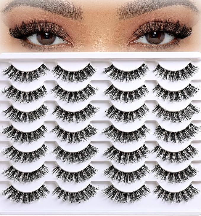Lashes False Eyelashes Natural Wispy Lash Strips Clear Band Fake Eyelash Pack 14 Pairs Cat Eye Strip Lashes Set Fluffy Mink Eyelashes Natural Look Short Wispies Pestañas Postizas for Women