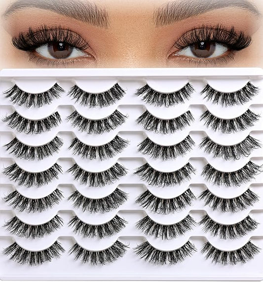 Lashes False Eyelashes Natural Wispy Lash Strips Clear Band Fake Eyelash Pack 14 Pairs Cat Eye Strip Lashes Set Fluffy Mink Eyelashes Natural Look Short Wispies Pestañas Postizas for Women