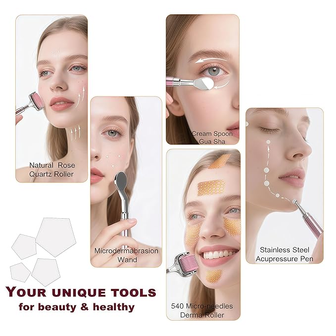 Natural Rose Quartz Facial Roller Set – Skincare Tools Kit with Gua Sha, Derma Roller & Exfoliating Wand – Cooling Face Massage for Refreshed Skin – Luxury Gift Box for Women