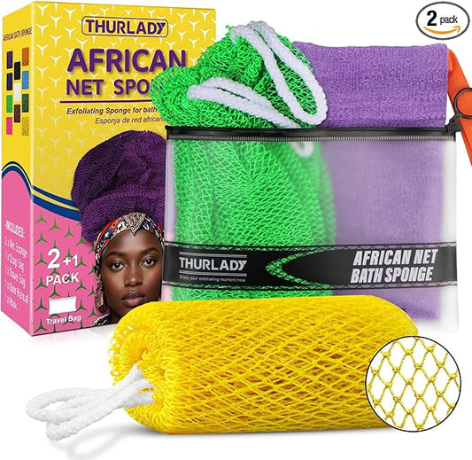 THURLADY African Net Sponge, 2 Pack African Bath Sponge Scrub Net, Gentle Exfoliation for Daily Shower Use, Yellow and Green