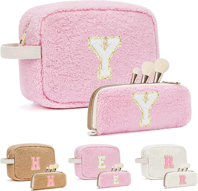 2PCS Makeup Bag with Initials, Valentines Day Gifts for Teen Girls Trendy Stuff, Personalized Cosmetic Travel Bag Pouch for Granddaughter, Cute Plush Make up Bags for Birthday - Pink Y