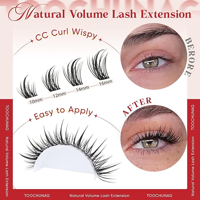 TOOCHUNAG Wispy Eyelash Clusters Manga Lashes Extensions 10-16mm Cluster Lashes Individual 144pcs CC Curly Natural Lash Clusters Wet Tip DIY Soft Cluster Eyelash Extensions