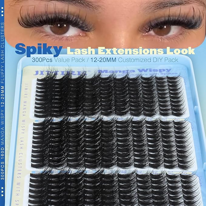 Lash Clusters Kit Manga Eyelash Clusters 300Pcs Wispy Lash Extension Kit with Bond and Seal Lash Glue 12-20MM D Curly Natural Lashes Clusters with Spikes by JIMIRE