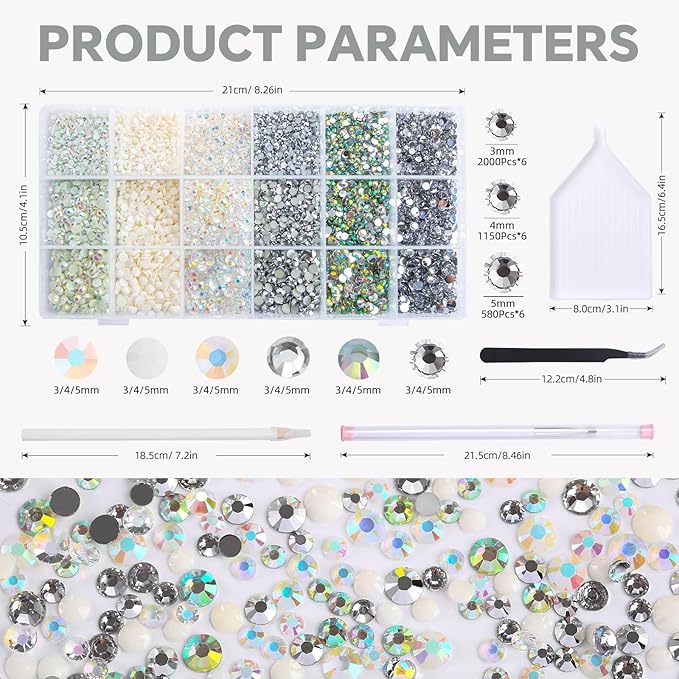 22300Pcs White and AB Mixed Color Flatback Rhinestones Kit for Nail Crafts DIY Decoration Non-hotfix Resin Round Shape Crystal(3mm,4mm,5mm)