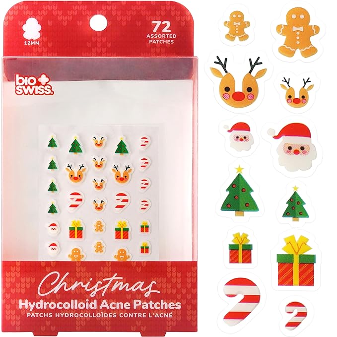 BioSwiss Pimple Patches, Christmas Acne Patch for Zits and Blemishes, Hydrocolloid Spot Stickers for Face and Skin, 72 Count