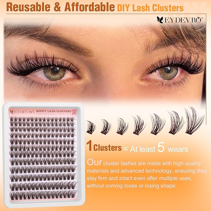 EYDEVRO Brown Lash Clusters Natural Wispy Eyelash Clusters 9-18mm Dark Brown Cluster Eyelash Extensions CD Curvature 192 Pcs Manga Fairy Cluster Lashes Individual Lashes DIY Lash Extensions